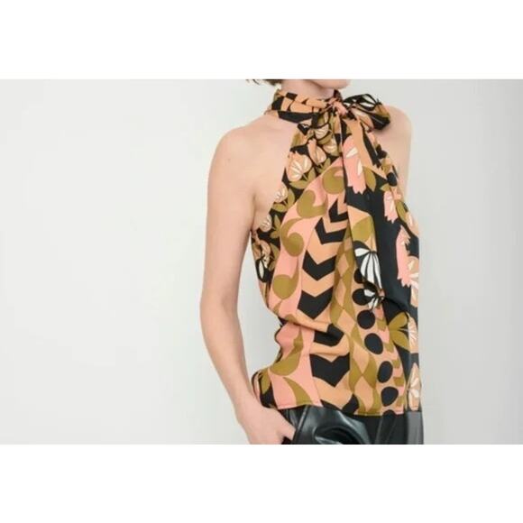 Flora Bea NYC Designer Tyla Top Giddy Up 100% Silk Halter Abstract Top Size M - Picture 2 of 8